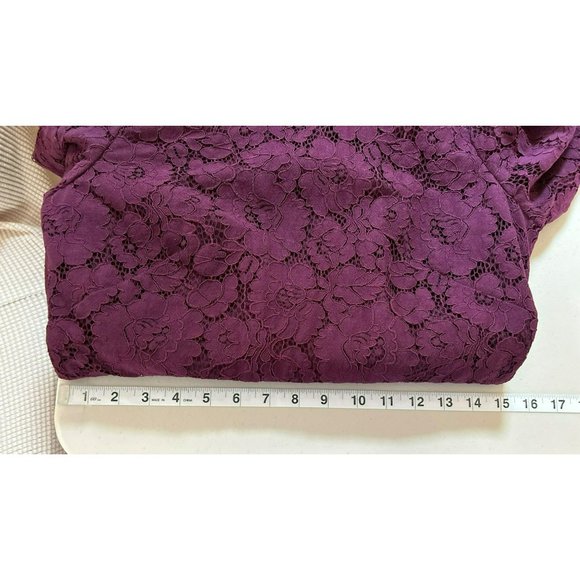 Ann Taylor Women's Purple Lace 3/4 Length Sleeve Dress Size 6 Petite Frayed Hem - Picture 9 of 10